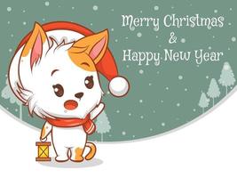 cute cat cartoon character with merry christmas and happy new year greeting banner. vector