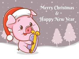 cute pig cartoon character with merry christmas and happy new year greeting banner vector