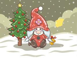linda ilustración de niña gnomo con campana de navidad vector