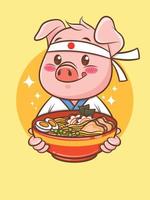 cute pig chef holding a ramen Japanese food. cartoon character and mascot illustration.