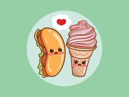 lindo concepto de pareja de hot dog y helado. personaje de dibujos animados e ilustración. vector