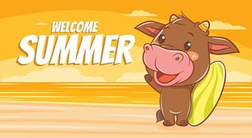 cute cow with a summer greeting banner. vector