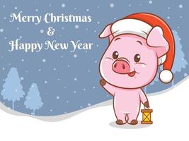 lindo personaje de dibujos animados de cerdo con feliz navidad y feliz año nuevo saludo banner vector