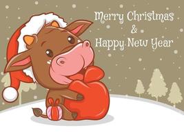 Lindo personaje de dibujos animados de vaca con feliz navidad y feliz año nuevo saludo banner. vector