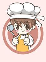 lindo niño chef sosteniendo una cuchara de dibujos animados de chef de sopa vector