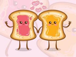 The cute, jam-covered white bread says hello. cartoon characters.