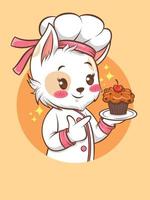 chef niña gatos nekcute sosteniendo un pastel. concepto de chef de panadería. personaje de dibujos animados y mascota vector