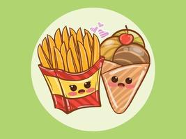 lindo concepto de pareja de papas fritas y helado. personaje de dibujos animados e ilustración. vector