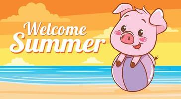 cute pig with a summer greeting banner. vector