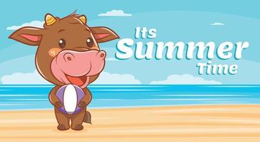 cute cow with a summer greeting banner. vector