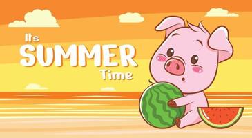 cute pig with a summer greeting banner. vector