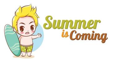 cute boy with a summer greeting banner. vector