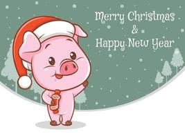 lindo personaje de dibujos animados de cerdo con feliz navidad y feliz año nuevo saludo banner vector