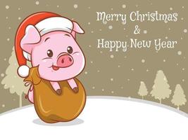 cute pig cartoon character with merry christmas and happy new year greeting banner