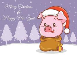 lindo personaje de dibujos animados de cerdo con feliz navidad y feliz año nuevo saludo banner vector