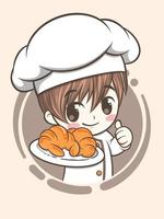 cute bakery chef boy holding a cake and bread - cartoon character and logo illustration vector