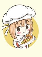 cute chef girl holding a slice of pizza. fast food logo illustration concept vector