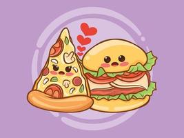 rebanadas de pizza lindo y concepto de pareja de hamburguesas. dibujos animados vector
