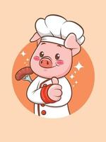 Cute pig chef holding a grilled sausage. cartoon character and mascot illustration. vector