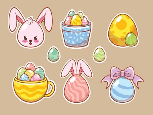 Set of a cute bunny with easter eggs cartoon. sticker concept.