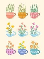 set of hand-drawn of a floral beautiful trendy modern teacup or glass cup with cute flowers ornaments. vector