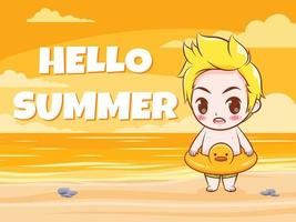 A cute boy says hello summer. summer greeting concept illustration. vector