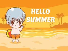 A cute boy says hello summer. summer greeting concept illustration. vector