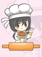 Linda chica chef de panadería sosteniendo un pastel y pan - personaje de dibujos animados e ilustración de logotipo vector