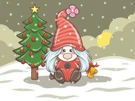 cute gnome girl illustration holding Christmas bell vector