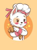 Cocinero lindo de la muchacha de los gatos que abraza un pan. concepto de chef de panadería. personaje de dibujos animados y mascota vector