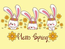 lindo conejito con una flor de primavera. ilustración de personaje de dibujos animados hola primavera vector