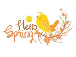 Cute bird with flowers and leaf. hello spring card illustration vector