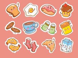 set of cute breakfast cartoon characters illustrations. vector