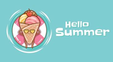 cute ice cream floating relax with a summer greeting banner vector