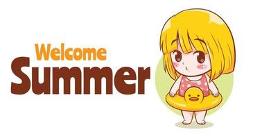 cute girl with a summer greeting banner. vector