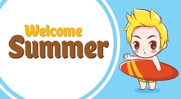 cute boy with a summer greeting banner. vector