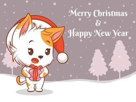 Lindo personaje de dibujos animados de gato con pancarta de saludo de feliz navidad y feliz año nuevo. vector