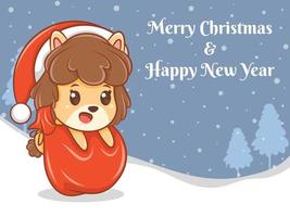 cute puppy cartoon character with merry Christmas and happy new year greeting banner. vector