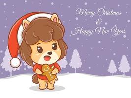 Lindo personaje de dibujos animados de cachorro con feliz navidad y feliz año nuevo saludo banner. vector