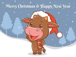 Lindo personaje de dibujos animados de vaca con feliz navidad y feliz año nuevo saludo banner. vector