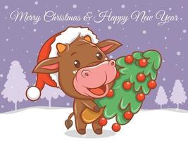 Lindo personaje de dibujos animados de vaca con feliz navidad y feliz año nuevo saludo banner. vector