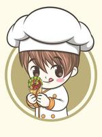 cute chef boy holding a kebabs slice. fast food logo illustration concept vector