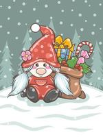 cute gnome girl illustration with Christmas gift bag