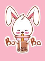 a cute rabbit drinking a boba tea. cartoon character and mascot illustration concept. vector