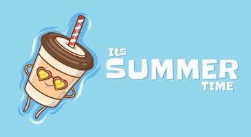 linda taza de café flotante, relájese con una pancarta de saludo de verano vector