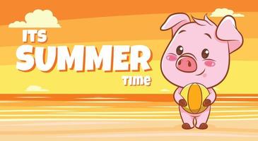 cute pig with a summer greeting banner. vector