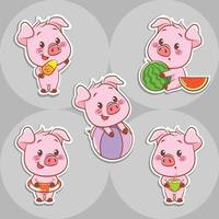 set of a cute pig summer sticker concept vector