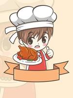 Cute barbecue chef boy holding a grilled chicken - cartoon character and logo illustration vector