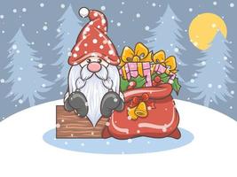 cute gnome illustration with Christmas gift bag vector