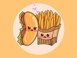 Lindo concepto de pareja de hot dog y patatas fritas. personaje de dibujos animados e ilustración. vector